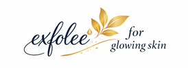 Logo for exfollee with a gold leaf and text 'for glowing skin' on a white background